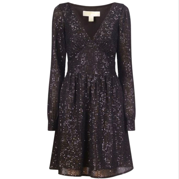 MICHAEL KORS Sequin Striped V Neck Mini Elegant Black Sequin Dress - Picture 3 of 11